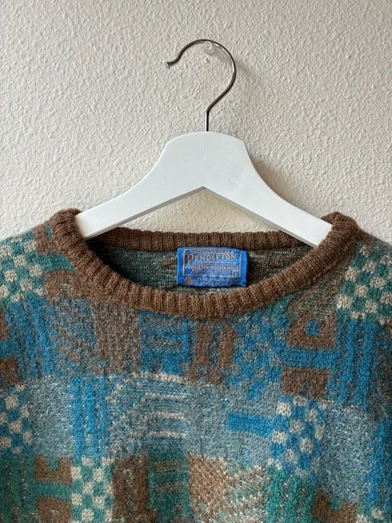 VTG Pendleton Pure 100% Wool Geometric Crewneck Sweater (Brown & Teal) (Size:L) - Picture 5 of 10